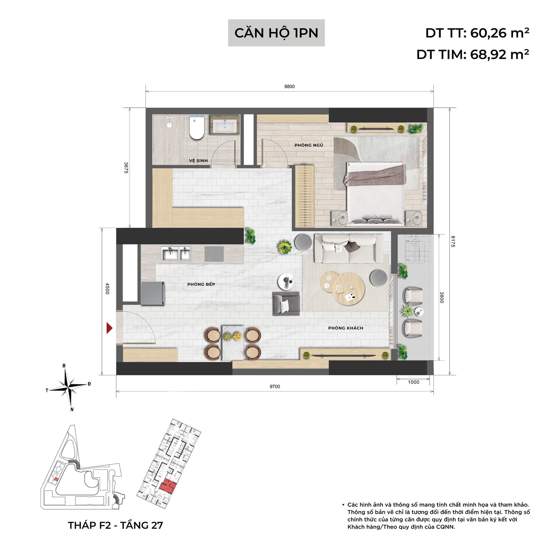 thiết kế căn hộ 1 phòng ngủ dự án Taseco Trung Văn