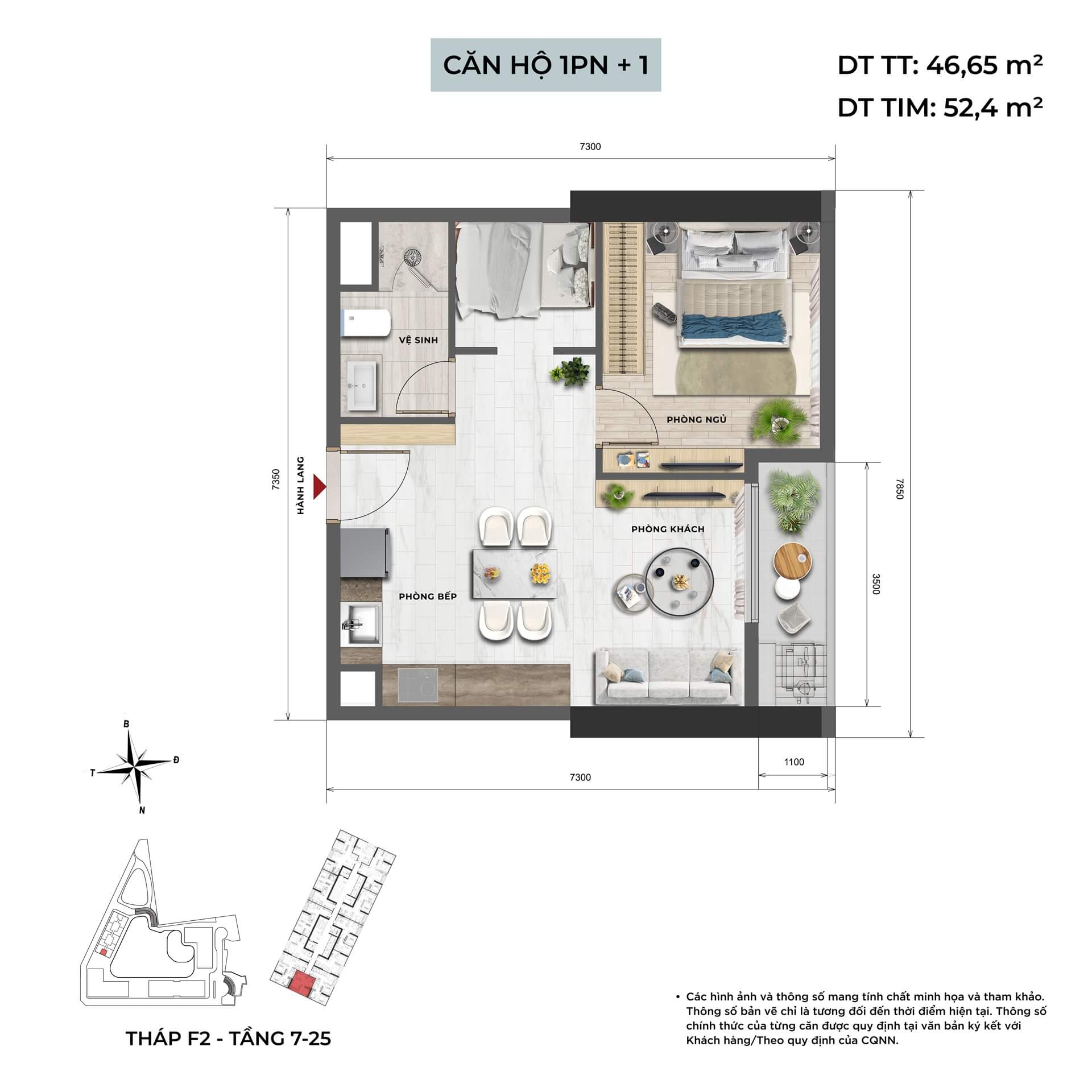 thiết kế căn hộ 1 phòng ngủ+1 dự án Taseco Trung Văn